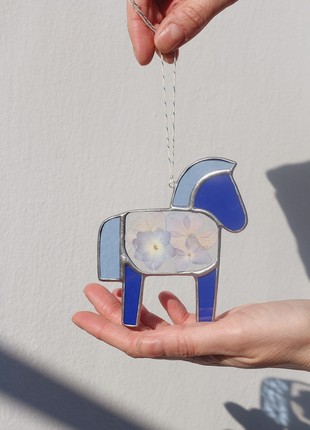 Horse stained glass wall hanging art, window suncatcher decor, blue5 photo