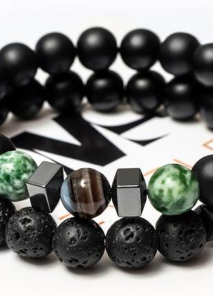 Shungite, agate, lava stone, hematite double bracelet for men or women, natural stone beads 8 mm3 photo