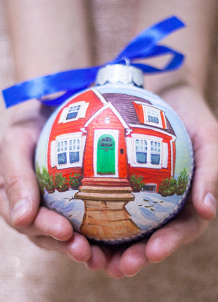 Custom house ornament, Hand Painted on Blue Glass Bauble by Photo, First House Gift