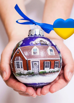 Custom house ornament, Hand Painted on Blue Glass Bauble by Photo, Family Gift2 photo