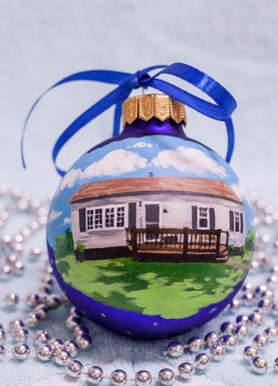 Custom house ornament, Hand Painted on Blue Glass Bauble by Photo, Family Gift