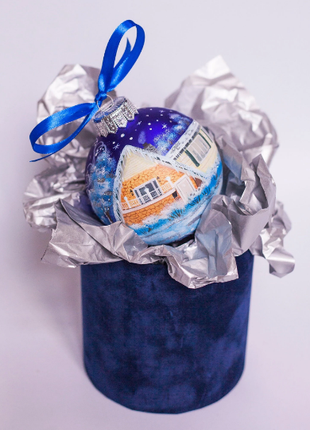 Custom house ornament, Hand Painted on Blue Glass Bauble by Photo, Family Gift4 photo