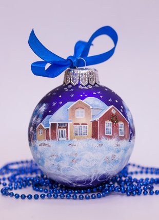 Custom house ornament, Hand Painted on Blue Glass Bauble by Photo, Housewarming Gift