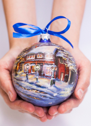 Custom house ornament, Hand Painted on Blue Glass Bauble by Photo, Memorabilia Gift3 photo