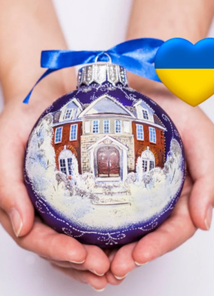 Custom house ornament, Hand Painted on Blue Glass Bauble by Photo, Gift for parents2 photo