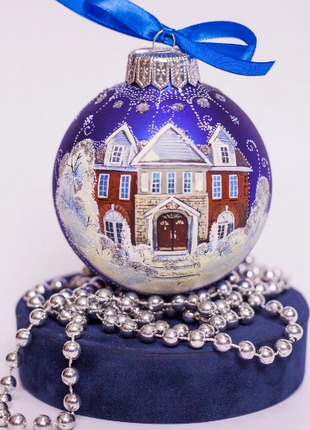 Custom house ornament, Hand Painted on Blue Glass Bauble by Photo, Gift for parents1 photo