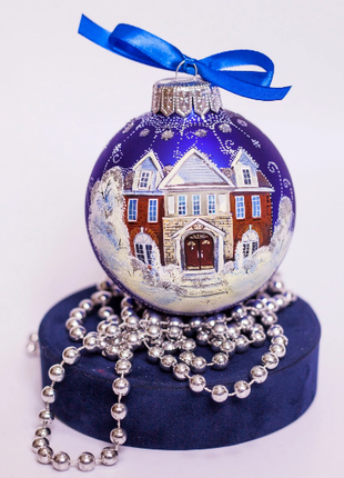 Custom house ornament, Hand Painted on Blue Glass Bauble by Photo, Gift for parents3 photo