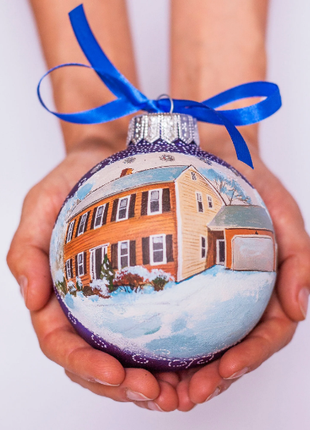 Custom house ornament, Hand Painted on Blue Glass Bauble by Photo, Gift for parents4 photo