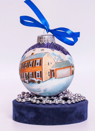 Custom house ornament, Hand Painted on Blue Glass Bauble by Photo, Gift for parents5 photo