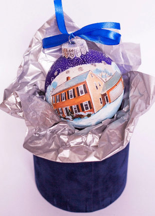 Custom house ornament, Hand Painted on Blue Glass Bauble by Photo, Gift for parents7 photo