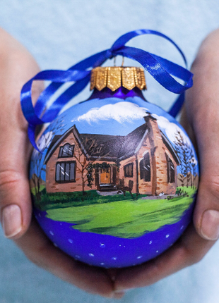 Custom house ornament, Hand Painted on Blue Glass Bauble by Photo, Gift for best friend