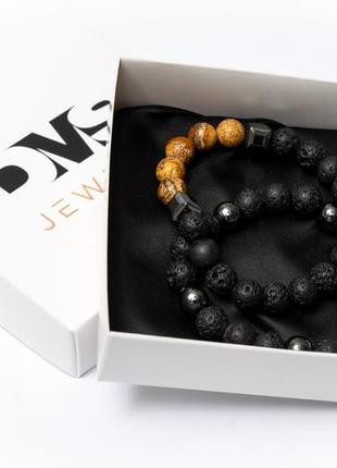 Lava stone, landscape jasper, hematite double bracelet4 photo