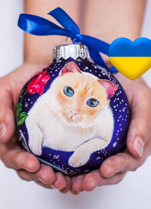 Custom Pet Portrait From Photo, Hand painted on Blue Bauble – Cat, In Lovely Memory gift2 photo