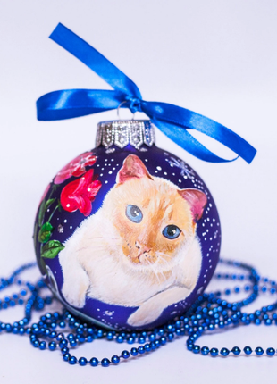 Custom Pet Portrait From Photo, Hand painted on Blue Bauble – Cat, In Lovely Memory gift
