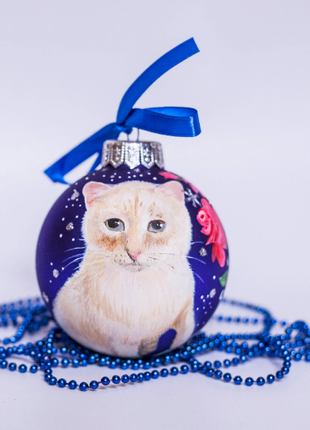 Custom Pet Portrait From Photo, Hand painted on Blue Bauble – Cat, In Lovely Memory gift6 photo