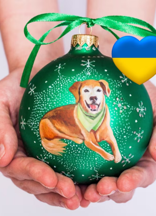 Custom Pet Portrait From Photo, Hand painted on Green Bauble – Dog, Family Gift2 photo