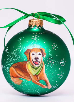 Custom Pet Portrait From Photo, Hand painted on Green Bauble – Dog, Family Gift