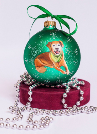 Custom Pet Portrait From Photo, Hand painted on Green Bauble – Dog, Family Gift7 photo