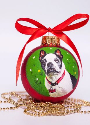Custom Pet Portrait From Photo, Hand painted on Red Bauble – Dog, Family Gift