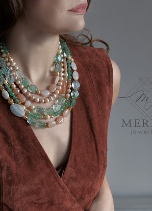 Sweet Mint. Necklace with quartz, agate, aventurine and freshwater pearls2 photo