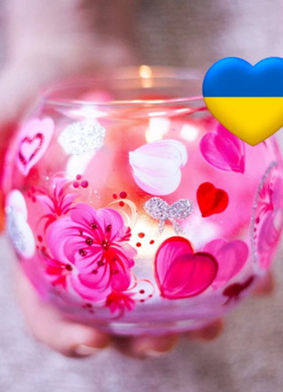 Glass Candle Holder with Hearts, Hand Painted Unique Gift1 photo