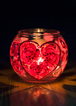 Glass Candle Holder with Hearts, Hand Painted Unique Gift2 photo