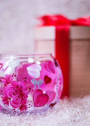 Glass Candle Holder with Hearts, Hand Painted Unique Gift3 photo