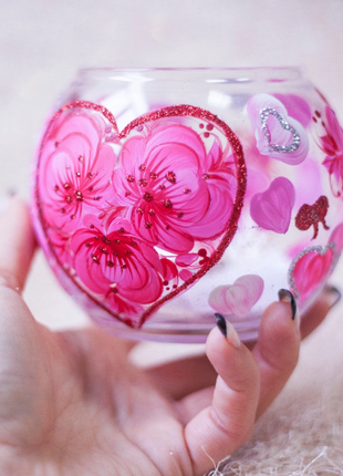 Glass Candle Holder with Hearts, Hand Painted Unique Gift4 photo