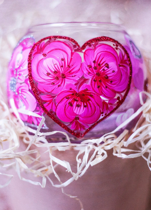 Glass Candle Holder with Hearts, Hand Painted Unique Gift5 photo