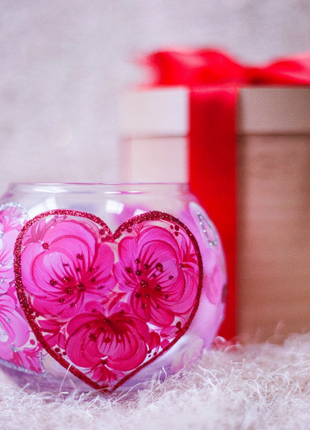 Glass Candle Holder with Hearts, Hand Painted Unique Gift8 photo