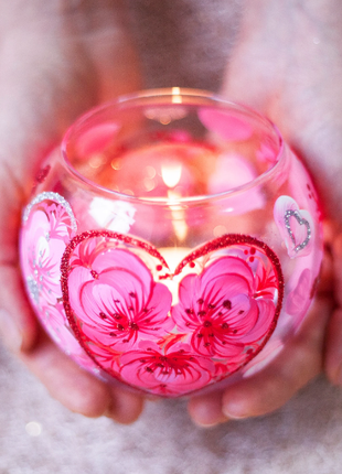 Glass Candle Holder with Hearts, Hand Painted Unique Gift9 photo