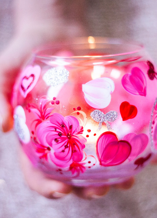 Glass Candle Holder with Hearts, Hand Painted Unique Gift10 photo