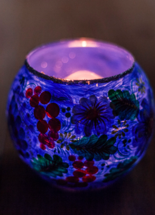 Glass Candle Holder with Blue Peacock, Hand Painted Unique Gift6 photo