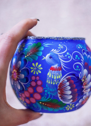 Glass Candle Holder with Blue Peacock, Hand Painted Unique Gift3 photo