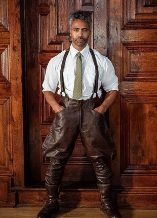 Leather suspenders on button