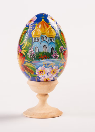 Church Floral Blue Easter Egg and Stand, Ukrainian Pysanka, Petrykivka Hand Painted2 photo