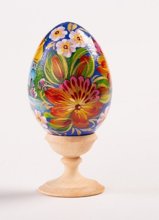 Church Floral Blue Easter Egg and Stand, Ukrainian Pysanka, Petrykivka Hand Painted3 photo