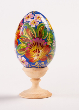 Church Floral Blue Easter Egg and Stand, Ukrainian Pysanka, Petrykivka Hand Painted7 photo