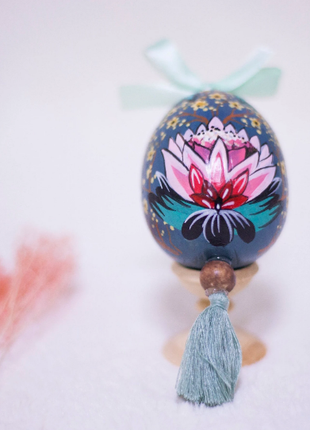 Pink Lotus Blue Easter Egg and Stand, Ukrainian Pysanka