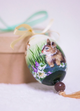 Rabbit Easter Egg and Stand, Ukrainian Pysanka, Petrykivka Hand Painted