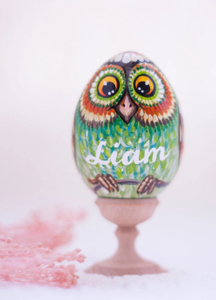 Green Owl Easter Egg and Stand, Ukrainian Pysanka, Petrykivka Hand Painted2 photo