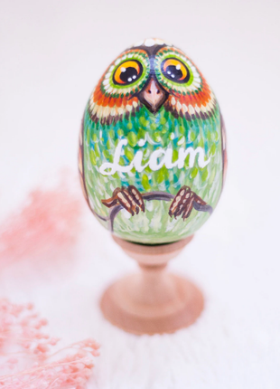 Green Owl Easter Egg and Stand, Ukrainian Pysanka, Petrykivka Hand Painted3 photo