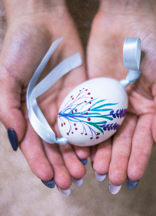 Blue Lavender Easter Egg and Stand, Ukrainian Pysanka, Petrykivka Hand Painted3 photo