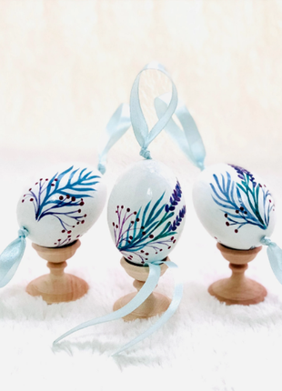 Blue Lavender Easter Egg and Stand, Ukrainian Pysanka, Petrykivka Hand Painted
