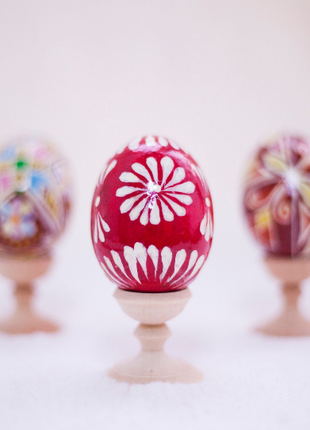 Red and White Easter Egg and Stand, Ukrainian Pysanka, Petrykivka Hand Painted