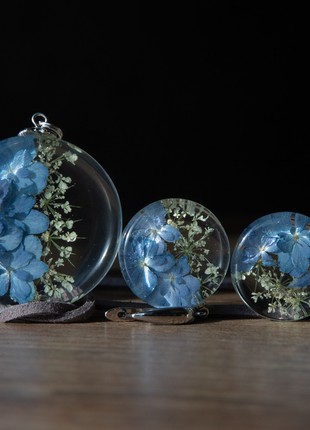 Real blue hydrangea jewelry set, resin flower necklace and earrings2 photo