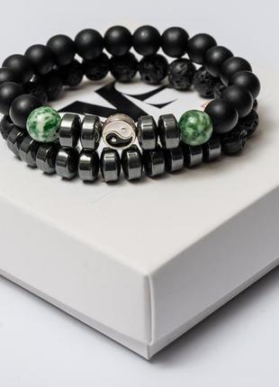 Lava stone, shungite, agate, hematite double bracelet for men or women, green agate yin yan2 photo