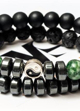 Lava stone, shungite, agate, hematite double bracelet for men or women, green agate yin yan3 photo
