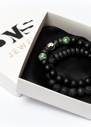 Lava stone, shungite, agate, hematite double bracelet for men or women, green agate yin yan4 photo