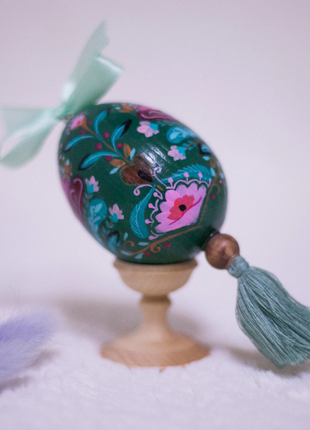Pink Flower on Green Easter Egg and Stand, Ukrainian Pysanka3 photo